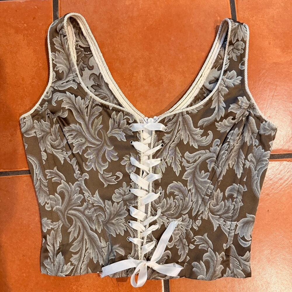 Floral Lace-Up Tank Top in Brown and Cream
